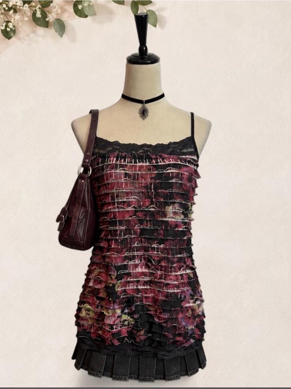 Maurices Burgundy and Black Floral Ruffle Camisole